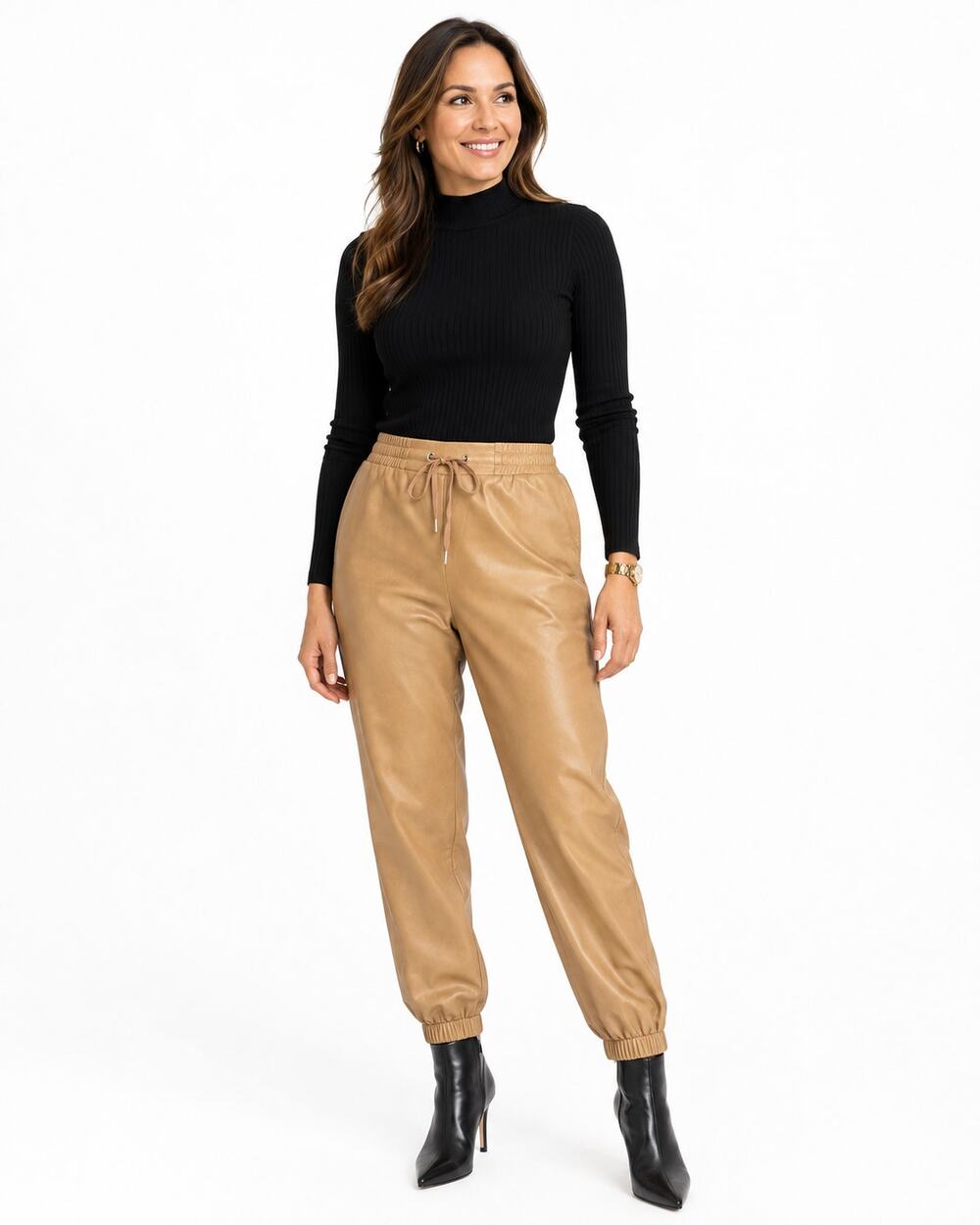 n:PHILANTHROPY Tan Faux Leather Jogger Pants Drawstring Vegan Leather M